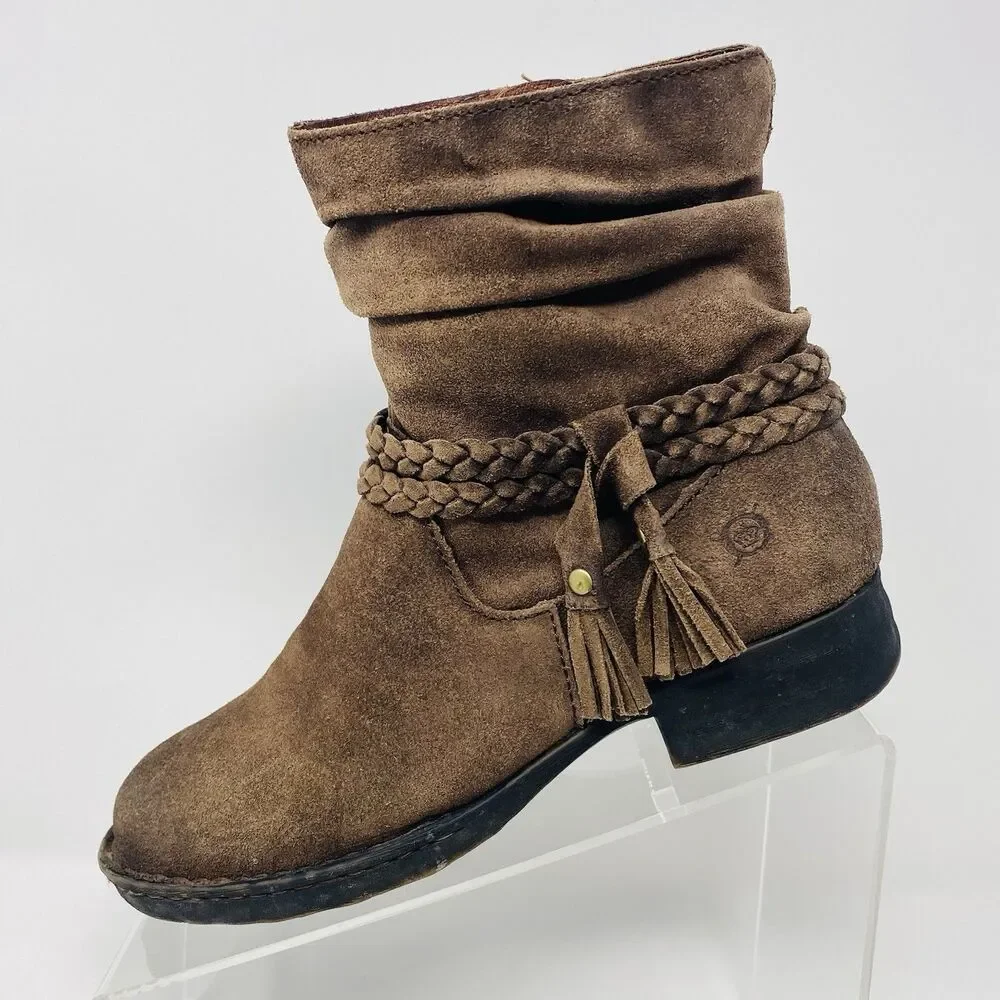 Born 7 Brown Ouvea Slouchy Zip Ankle Boots Distressed Suede Boho Western Braided